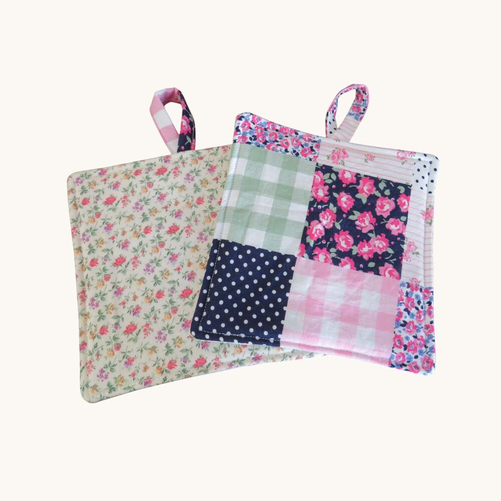 Handmade Potholder, Set of 2, Reversible Patchwork and Floral Hot Pads
